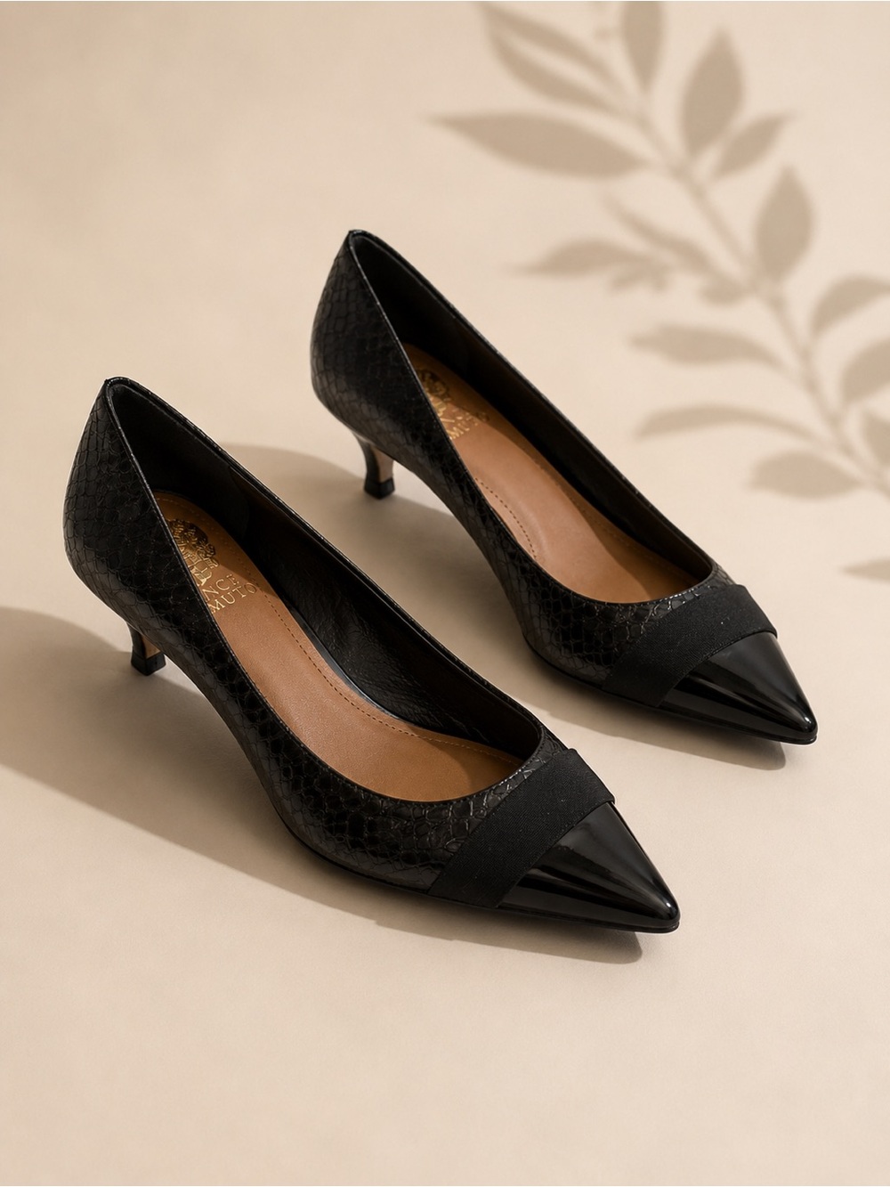 Vince Camuto Black Pointed Toe Kitten Heel Pumps with Patent Cap